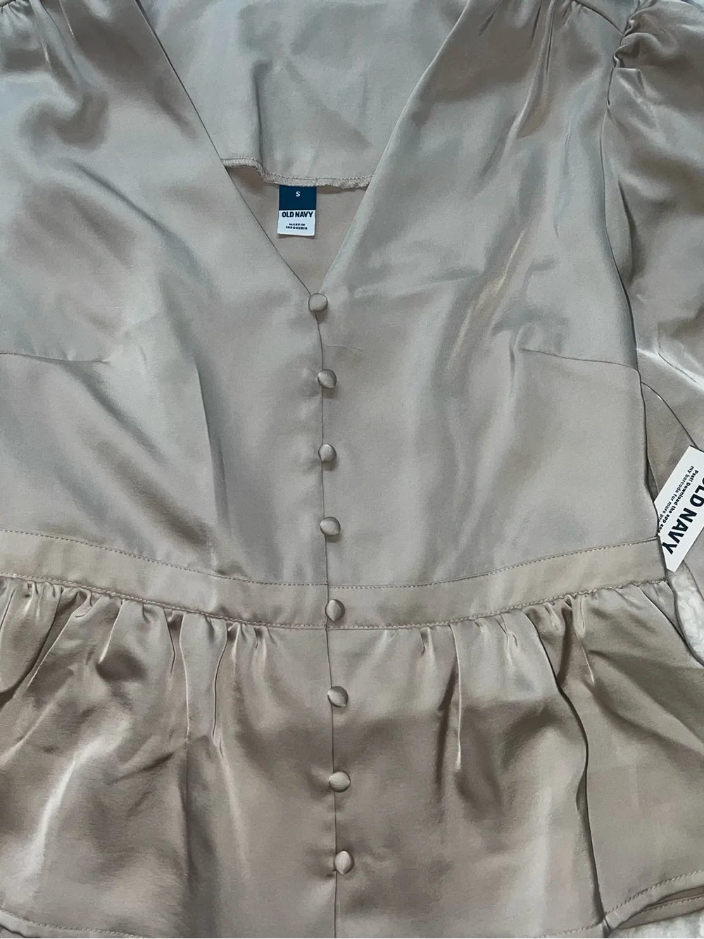 Light Beige  Satin Peplum Blouse - Women Tops
